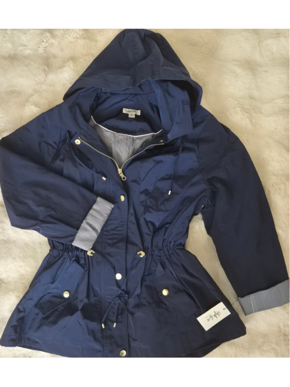 NWT Style & Co Womens PXL Rain Jacket Navy Hooded Anorak Gold Hardware Preppy